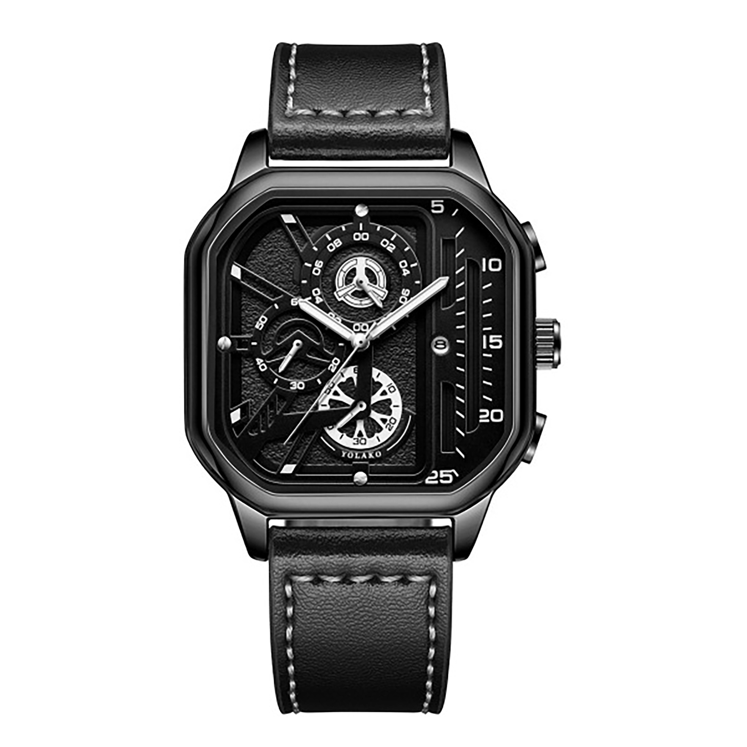 Square Men's Luxury Watch with Leather Strap – Dual Dial Fashion Watch (Black Shell Silver Needle)